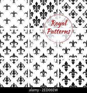 Royal fleur-de-lis seamless patterns with set of floral background with black and white french heraldic lily flowers. Wallpaper or fabric print, monar Stock Vector