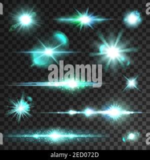 Light flashes and sparks. Star and sun sparkling beams and rays with lens flare effect on transparent background Stock Vector