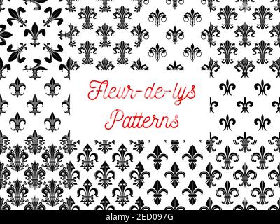 Heraldic seamless patterns of fleur-de-lys. Vectro pattern of black silhouette and outline royal french lily fleur-de-lis symbols on white background Stock Vector