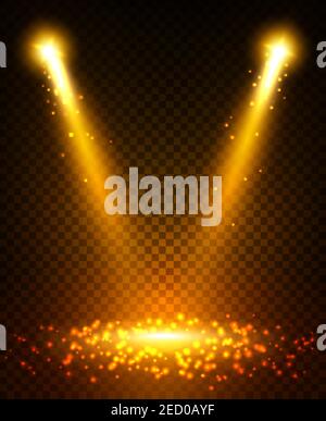 Gold spot light beams projection on scene stage. Sparkling disco light flashes with reflection on ground. Shining golden glitter sparkles from lightni Stock Vector
