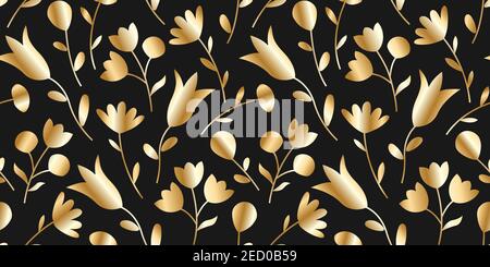 Vector gold and black seamless pattern with hand drawn flowers and tulips. Beautiful floral background. Modern gold glitter texture. Stock Vector