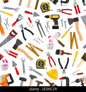 Vector pattern of repair working tools. Vector pattern of working tool paint roll brush, hammer, ax, ruler, level, file, electric saw, hand saw hatche Stock Vector