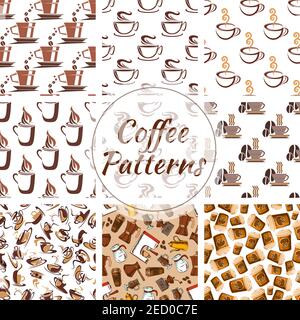 Coffee seamless patterns set. Vector pattern of hot coffee cups, coffee beans, coffee makers. Cafe decoration design elements Stock Vector