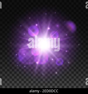Light shining in space with lens flare sparkle. Magic luminous glowing of light beams. Sun light explosion with glittering blur particles on transpare Stock Vector
