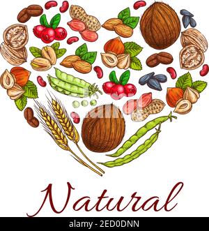 Healthy nuts, grain, berries icons in heart shape. Vegetarian coconut, hazelnut and pea, wheat ears, peanut, cranberry and walnut, coffee beans and su Stock Vector