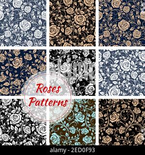 Roses floral seamless patterns. Vector pattern of rose buds, curly stems and tendrils. Luxurious flowery rose ornamental decoration background Stock Vector
