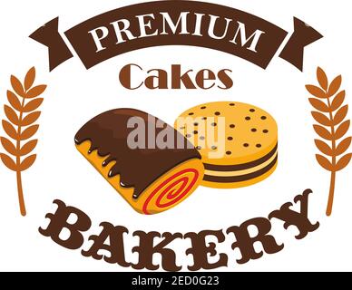 Bakery, pastry shop emblem, Vector patisserie business label. Menu card sticker with elements of dessert cakes, sweet chocolate roll buns, tasty pie, Stock Vector