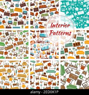 Interior patterns set of furniture icons. Vector seamless pattern of room interior retro and classic elements of sofa, chair, armchair, lamp, wardrobe Stock Vector