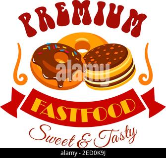 Sweet and tasty donut and cake. Premium fast food icons of american donut with chocolate topping and pancake with honey maple syrup Stock Vector
