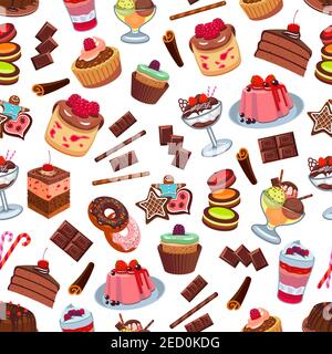 Cakes and patisserie desserts seamless pattern. Vector pattern of confectionery chocolate cupcakes, biscuit cakes, muffins, whipped cream, strawberry Stock Vector