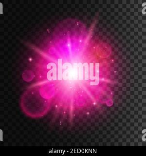 Star light with pink neon lens flare effect. Shining beams of sun sparkles. Glowing magic light with shiny halo on transparent background Stock Vector