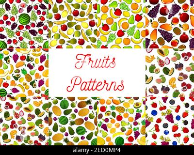 Patterns set of fresh ripe fruits and berries. Vector pattern of garden, forest, topical and exotic watermelon, strawberry and pomegranate, cherry and Stock Vector