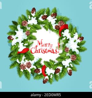 Christmas wreath with fir and pine green branches with cone, woven with red ribbon. Snowy Christmas tree wreath for greeting card or poster design Stock Vector