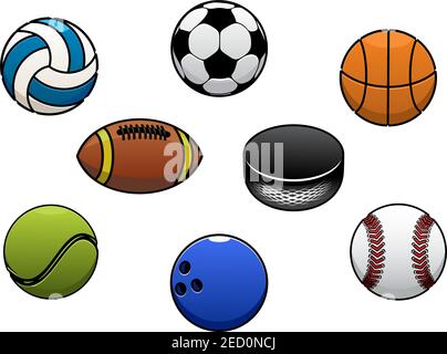 Sport balls vector isolated icons set. Gaming sport ball and equipment elements for soccer, rugby, football, baseball, basketball, tennis, hockey puck Stock Vector