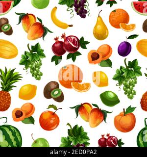 Vector pattern of fresh fruits with leaves. Bunches of white grape, pomegranate, apricot andpear, banana and peach, pineapple, lime and kiwi, mango. E Stock Vector