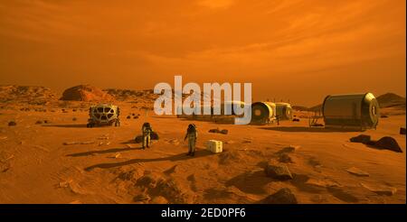 MARS - This artist's concept depicts astronauts and human habitats on Mars. NASA's Mars 2020 rover will carry a number of technologies that could make Stock Photo
