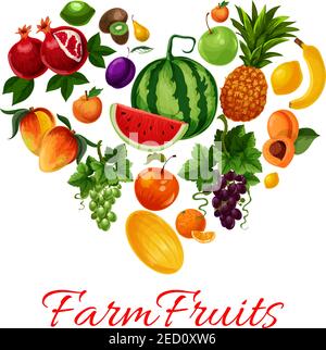 Fruits icons in heart shape. Fruit emblem of tropical and farm fruits pattern watermelon, pineapple, grape bunch, apricot, mango, melon, plum, banana, Stock Vector