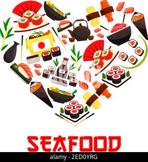Seafood cuisine emblem in heart shape symbol with vector elements of oriental sushi rolls, salmon fish sashimi, steamed sticky rice, red caviar, ginge Stock Vector