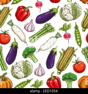 Vegetables pattern. Farm fresh vegetable icons on seamless pattern background. Vector elements of eggplant, garlic and pepper, pumpkin, corn and brocc Stock Vector