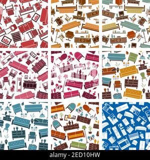 Home furniture pattern. Vector seamless pattern with room interior elements of retro and classic sofa, chair, armchair, lamp, wardrobe and bookshelf, Stock Vector