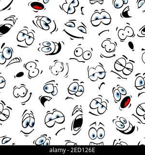 Emoticon pattern. Vector seamless pattern of cartoon human face with blue eyes and emotional expresions as smiling, happy and chilly, surprised, sad, Stock Vector