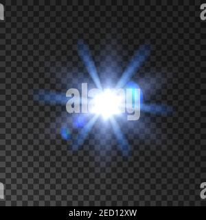 Star light flash glowing beams. Shining sun blur with lens flare effect. Bright luminous twinkling spotlight radiance and sparkling on transparent bac Stock Vector