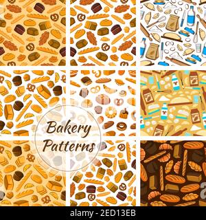 Bakery patterns set. Vector pattern with elements of bread loaf, croissant, baguette, muffin, bun, pretzel, bagel and baking kitchenware knife, butter Stock Vector