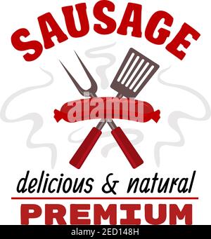Sausage grill food label. Vector delicious hot grilled meat sausage with fork and spatula elements. Fast food barbecue emblem with text red ribbon for Stock Vector