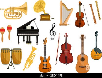 Vector icons of musical instruments. Isolated string and wind music instruments of cymbals, trumpet, drums, harp, gramophone, electric guitar, violin, Stock Vector
