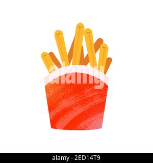 Potatoes French Fries in red carton, doodle illustration with textured effect, vector illustration isolated Stock Vector