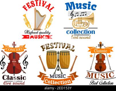 Emblems for classic, live music festival, concert. Vector elements of musical instruments harp and trumpet, contrabass, drums, violin Stock Vector