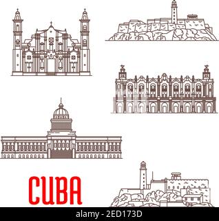 Cuba tourist architecture, travel attraction icons. Great Theatre of Havana, Real Fuerza Fortress, San Carlos de la Cabana, National Capitol, St Chris Stock Vector