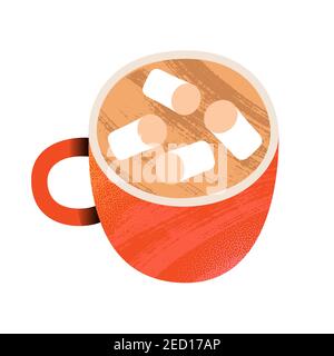 Marshmallow coffee or cocoa cup. Hand drawn colored art. Red cup with hot coffee drink. Isolated vector illustration on white background Stock Vector