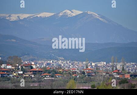 Landscape with panoramic view of Veroia with vineyards on the foreground in Central Macedonia in Greece. Stock Photo