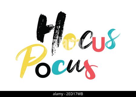 Modern, playful, colorful graphic design of a saying 'Hocus Pocus' in red, yellow, blue and black colors. Creative, experimental, cheerful typography. Stock Photo