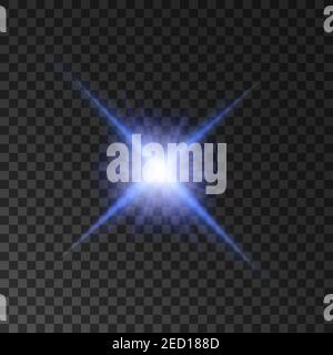 Star light shine. Glowing spot light beams. Vector isolated blue purple twinkling star. Shining sun on transparent background Stock Vector