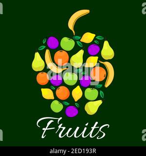 Fruits flat icons combined in shape of apple fruit. Vector fruits pattern of fresh juicy banana, grape, orange, apple, citrus lemon elements with text Stock Vector