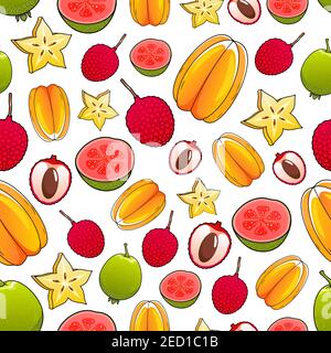 Fruits pattern. Juicy tropical exotic delicious fruits pattern of whole and sliced carambola, mango, feijoa, guava, lychee. Bright color fresh fruits Stock Vector