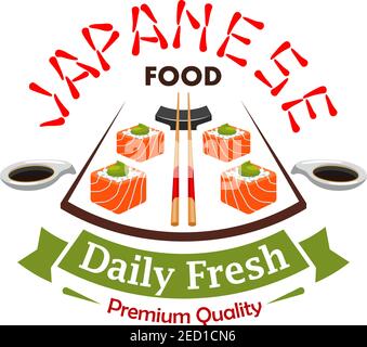 Japanese daily fresh food vector label emblem. Salmon sushi rolls, bamboo chopsticks, soy sauce elements. Vector design for menu card, restaurant stic Stock Vector