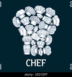 Chef toque label in shape of white cook hats. Vector decoration emblem for cafe, restaurant, bakery, patisserie. Pencil sketch icons elements Stock Vector
