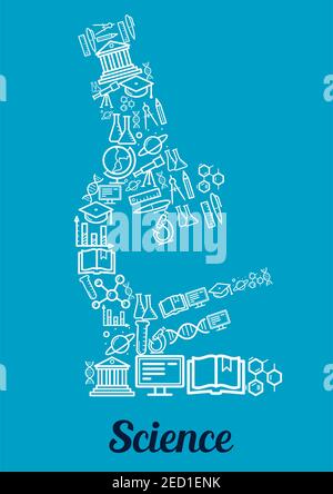 Science conceptual microscope emblem made of ouline elements of science, education, study. Vector science icons of book planet satellite, dna, charts, Stock Vector