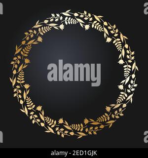 Floral gold border. Round golden frame with wild flowers and tulips. Vector illustration EPS10. Stock Vector