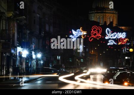 Valletta, Malta. 13th Feb, 2021. Lighting decorations related to Valentine's Day are seen on a street in Hamrun city, Malta, on Feb. 13, 2021. Credit: Jonathan Borg/Xinhua/Alamy Live News Stock Photo