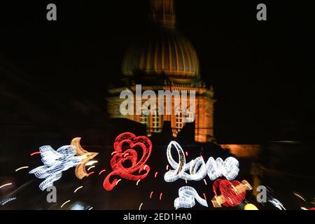 Valletta, Malta. 13th Feb, 2021. Lighting decorations related to Valentine's Day are seen on a street in Hamrun city, Malta, on Feb. 13, 2021. Credit: Jonathan Borg/Xinhua/Alamy Live News Stock Photo