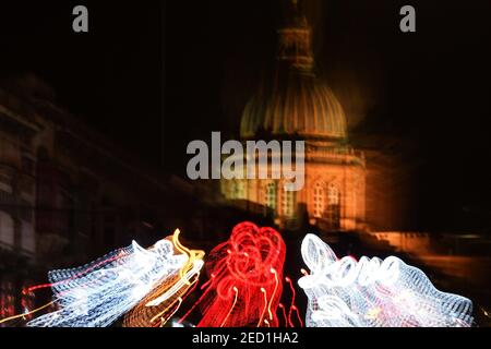 Valletta, Malta. 13th Feb, 2021. Lighting decorations related to Valentine's Day are seen on a street in Hamrun city, Malta, on Feb. 13, 2021. Credit: Jonathan Borg/Xinhua/Alamy Live News Stock Photo