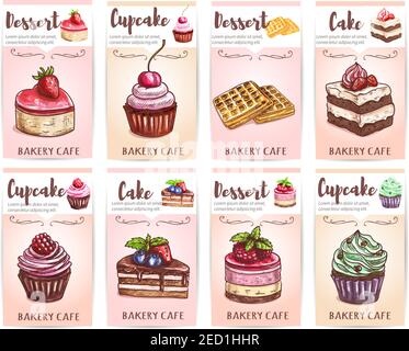 Cafe, cafeteria, patisserie desserts menu. Sketch icons of sweet cupcakes, cakes, chocolate muffins, wafers, waffles with fruits and berries. Vector s Stock Vector