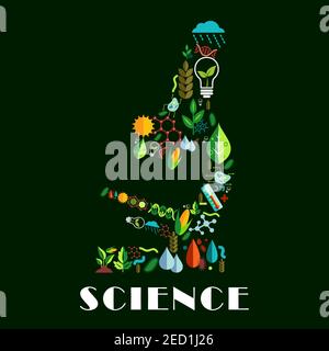 Science emblem in shape of microscope combined from color flat icons of book planet satellite, dna, charts, graphs, graduation cap, globe, microscope, Stock Vector