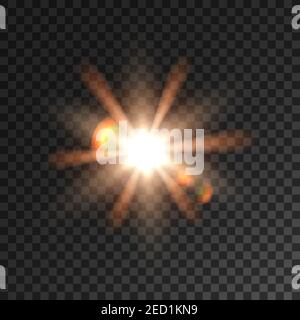 Projection spot light with golden lens flare effect. Shining sun gold luminous rays. Twinkling bright star sparkles on transparent background Stock Vector