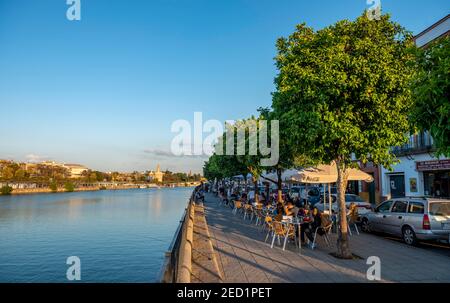 Waterfront promenade on Calle Betis in Triana with the river Rio Guadalquivir, in the back Torre del Oro, Sevilla, Andalusia, Spain Stock Photo
