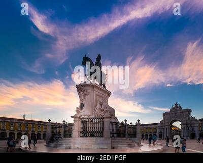 Place of Commerce, Praca do Comercio, Arc de Triomphe Arco da Rua Augusta, equestrian statue of King Jose I, Baixa, Lisbon, Portugal Stock Photo